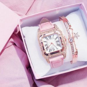 Frauen Diamant Uhr Starry Platz Zifferblatt Armband Uhren Set Damen Leder Band Quarz Armbanduhr Weibliche Uhr Zegarek Damski